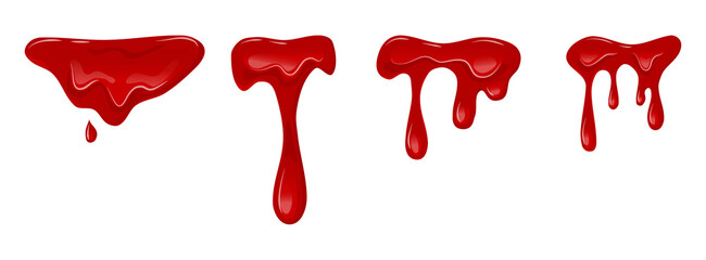 Flowing blood set on a white isolated background. Dripping liquid. Red slime. Vector cartoon illustration