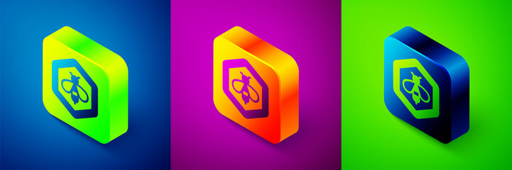 Isometric Bee and honeycomb icon isolated on blue, purple and green background. Honey cells. Honeybee or apis with wings symbol. Flying insect. Sweet natural food. Square button. Vector