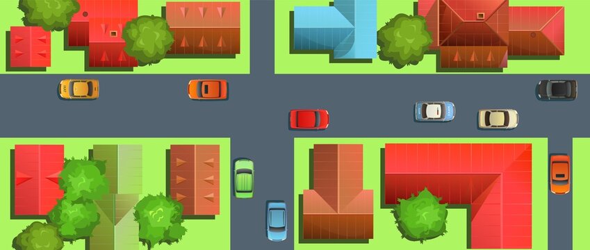 City street. Fragment of small town. Top View from above. Cartoon cute style illustration. Cars drive along asphalt road. Vector