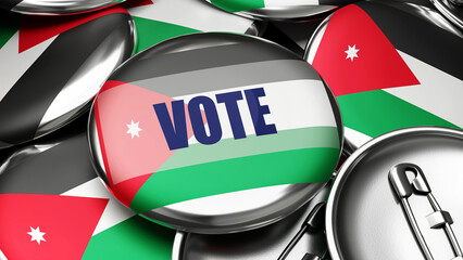 Vote in Jordan - national flag of Jordan on dozens of pinback buttons symbolizing upcoming Vote in this country. , 3d illustration
