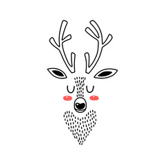 Deer head portrait. Stylized drawing reindeer in simple scandi style. Nursery scandinavian art. Black and white vector illustration - 487499665
