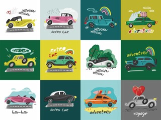 Set of decorative retro cars, rainbows, trees, roads, lettering isolated on white. Collection of vintage transport for children's decor, cards, poster, printing on fabric. Cartoon vector illustration