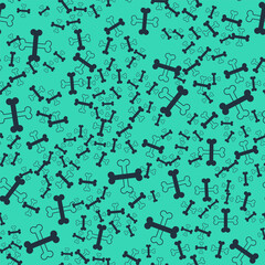 Black Crossed bones icon isolated seamless pattern on green background. Pets food symbol. Happy Halloween party. Vector