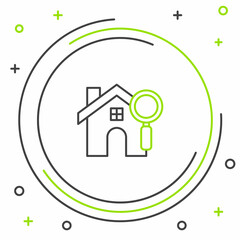 Line Search house icon isolated on white background. Real estate symbol of a house under magnifying glass. Colorful outline concept. Vector