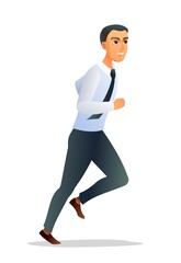 Successful one runs. Side view. Guy in shirt and tie. Male figure. Cheerful person character boy. Cartoon funny style illustration. Isolated on white background. Vector
