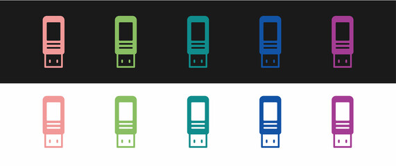 Set USB flash drive icon isolated on black and white background. Vector