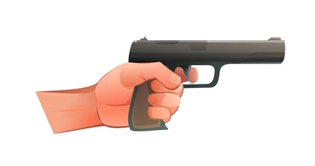 Left hand with firearm combat medium-caliber pistol. Object isolated on white background. Funny cartoon style. Vector