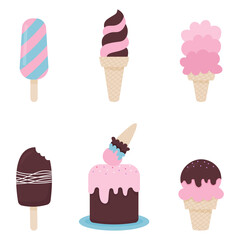 A set of ice cream on a white background. Ice cream cake, popsicle, waffle cone, ice cream on a stick