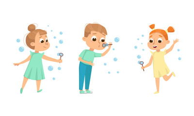 Cute happy kids blowing soap bubbles set cartoon vector illustration