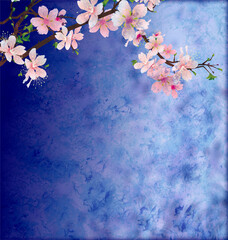 pink cherry blossom branch on dark blue  grunge background easter illustration idea
