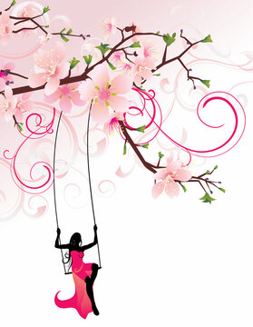 girl swing and sakura (blossoming cherry)