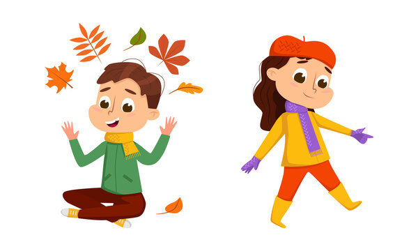 Happy kids playing with autumn leaves set cartoon vector illustration