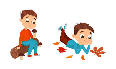 Happy boys playing with autumn leaves and picking mushrooms cartoon vector illustration