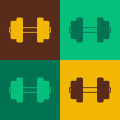 Pop art Dumbbell icon isolated on color background. Muscle lifting, fitness barbell, sports equipment. Vector