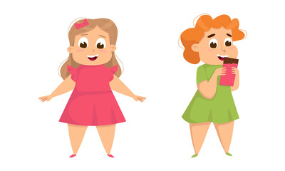 Overweight kids eating sweets set. Cute chubby girls. Children obesity concept cartoon vector illustration