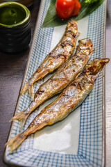 One plate of Japanese style grilled smelts