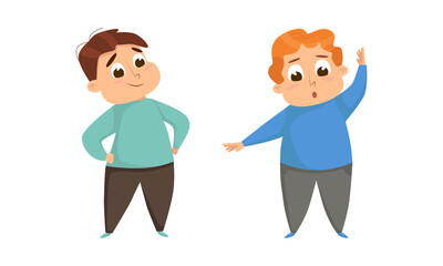 Overweight kids doing sports set. Cute chubby boys. Children obesity concept cartoon vector illustration