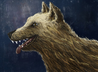 Cartoon charcoal portrait or wolf, dog in brown color on dark blue background. Digital painting