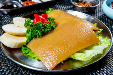 Ingredient Of Korean Style BBQ Pig Skin On The Plate