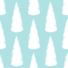 Seamless pattern with a white winter forest of fir trees. Natural flat style design for packaging and print. Vector.