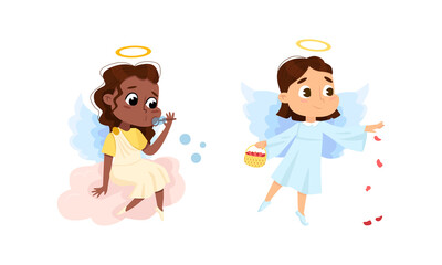 Adorable baby angels set. Angelic girl with wings blowing soap bubbles and spreading rose petals cartoon vector illustration