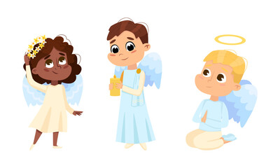 Cute lovely baby angels set. Angelic girl and boys with wings cartoon vector illustration