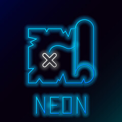Obraz premium Glowing neon line Pirate treasure map icon isolated on black background. Colorful outline concept. Vector