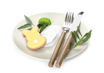 Stylish table setting with Easter cookie on white background