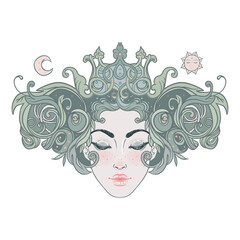 Tribal Fusion Boho Diva. Beautiful Asian divine girl with ornate crown, kokoshnik inspired. Bohemian goddess. Hand drawn elegant illustration. Lotus flower, ethnic art, patterned Indian paisley.