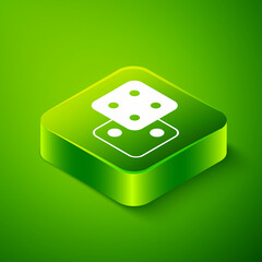 Isometric Game dice icon isolated on green background. Casino gambling. Green square button. Vector