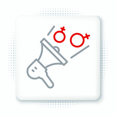 Line Female movement, feminist activist with banner and placards icon isolated on white background. Feminist rights movement, feminism sisterhood. Colorful outline concept. Vector