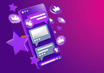 Mobile social networks. Like and favorite icons next to notifications. Smartphone screen notifications. Social networking application on phone. Dating app concept. Cartoon style purple. 3d rendering.