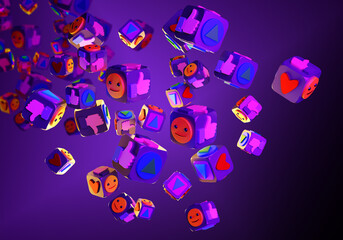 Social media concept. Background with symbols of social applications. Icons with emoticons on purple. Cartoon Style pattern. Texture emoji mobile applications. Social Media Marketing. 3d image