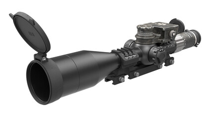 3D render of an optical sight with a ballistic computer for long-range shooting, military sniper scope.