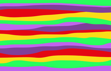 Abstract horizontal psychedelic background with bright acid wavy stripes. Trendy vector illustration in style hippie 60s, 70s. 