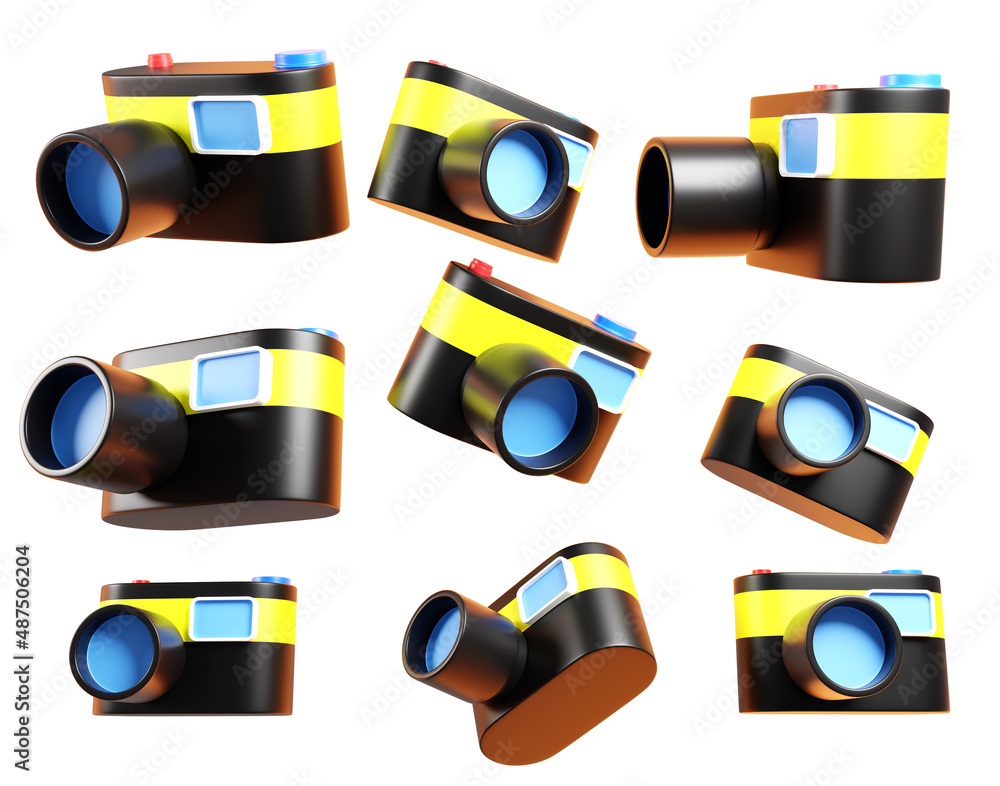 Aufkleber photo camera icon set. photo camera cartoon style. camera is yellow-black in different position. set