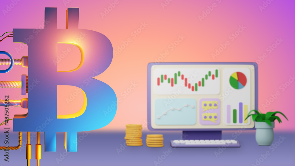 Poster bitcoin mining. cryptocurrency generation using computer. cryptocurrency charts in monitor. bitcoin 