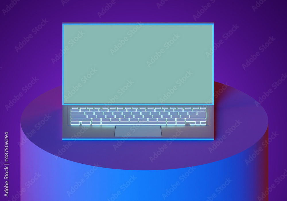 Poster laptop empty screen. blank laptop template. notebook with place for text. mock up laptop on purple b