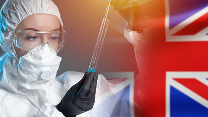 Vaccination in Great Britain. Doctor next to flag of England. Woman doctor from united kingdom....