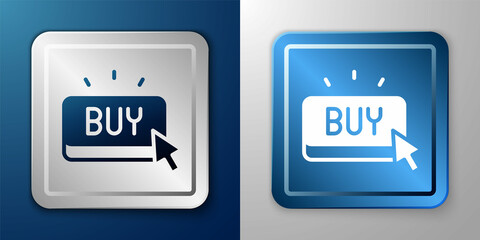 White Buy button icon isolated on blue and grey background. Silver and blue square button. Vector