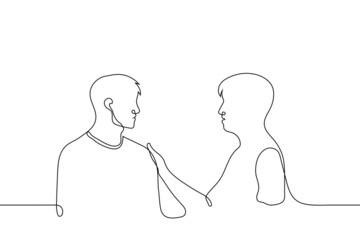 man comforting another holding him by the shoulder - one line drawing vector. concept friendly support, emotional help, empathy, kindness, mercy, sympathetic, offer your help - obrazy, fototapety, plakaty