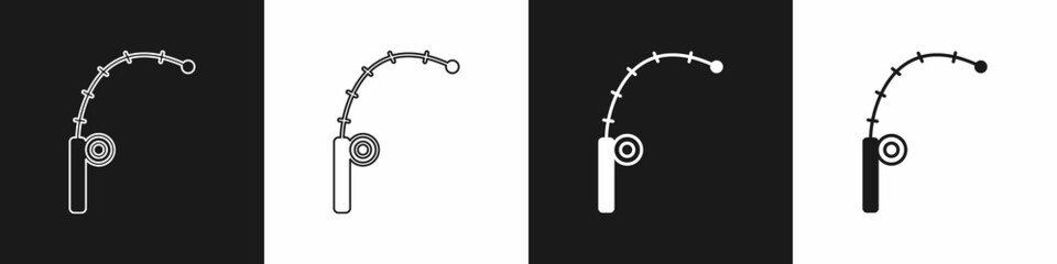 Set Fishing rod icon isolated on black and white background. Catch a big fish. Fishing equipment and fish farming topics. Vector