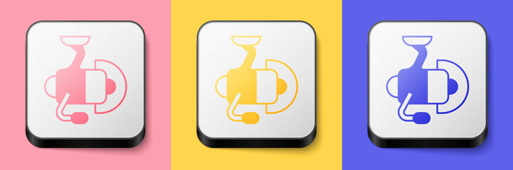 Isometric Spinning reel for fishing icon isolated on pink, yellow and blue background. Fishing coil. Fishing tackle. Square button. Vector