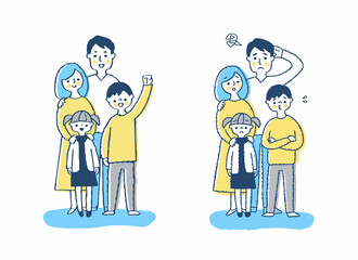 4人家族　困った表情と笑顔の表情　全身