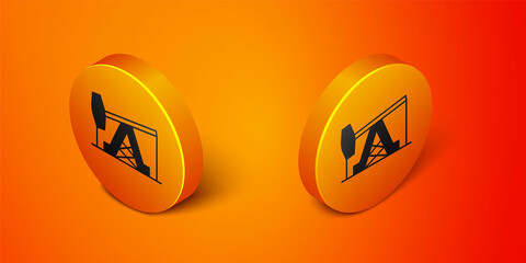 Isometric Oil pump or pump jack icon isolated on orange background. Oil rig. Orange circle button. Vector