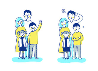 4人家族　困った表情と笑顔の表情　全身