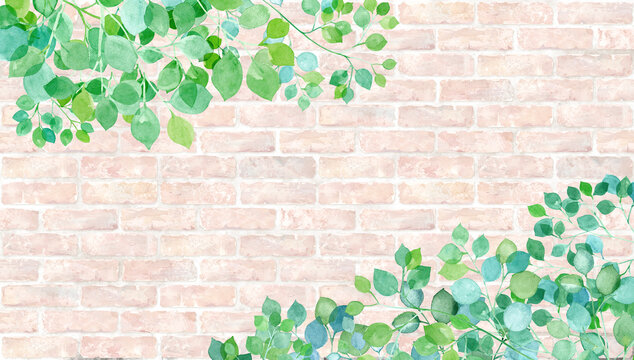 明るいレンガの壁を背景にした新緑の水彩イラスト。春、夏のボタニカル装飾背景。壁紙。
