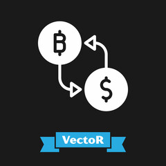 White Cryptocurrency exchange icon isolated on black background. Bitcoin to dollar exchange icon. Cryptocurrency technology, mobile banking. Vector