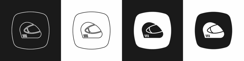 Set Racing helmet icon isolated on black and white background. Extreme sport. Sport equipment. Vector