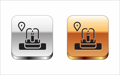 Fototapeta premium Black Location with fountain icon isolated on white background. Silver-gold square button. Vector